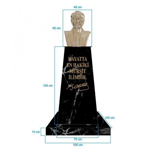 Atatürk Büstü (55cm Pirinç)+ Kaide (120cm)+ Alt Tabla (100x100cm) Mermer Desenli Siyah Atatürk Büstü (55cm Pirinç)+ Kaide (120cm)+ Alt Tabla (100x100cm) Mermer Desenli Siyah